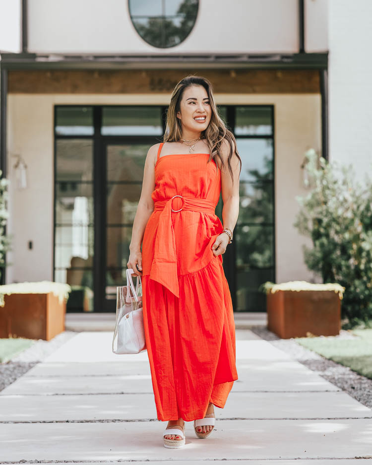cute & little | dallas petite fashion blog | amazon big style sale | red tiered maxi dress, soludos platform espadrilles | Amazon Big Style Sale 2020 by popular Dallas petite fashion blog, Cute and Little: image of a woman walking outside and wearing a Amazon Nation LTD Anais Dress, Amazon Soludos ‘Ali’ Sport Sandals, Amazon Clear Tote, and Sequin NYC Initial Pendant Baublebar ‘Hera’ Link.