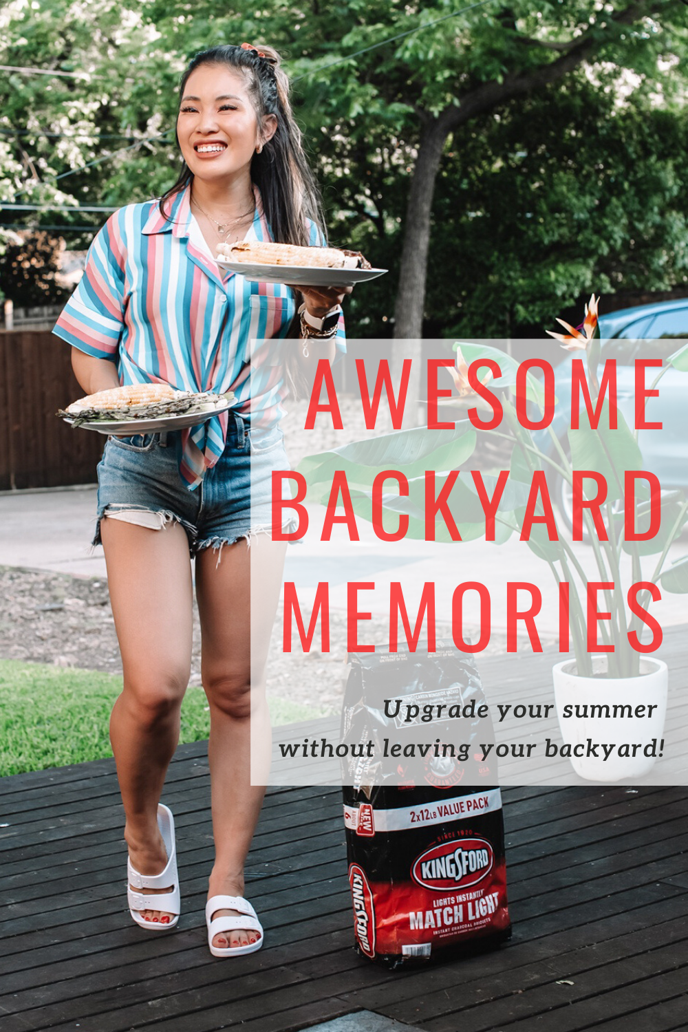 cute & little | dallas mom lifestyle blog | make awesome backyard summer memories | Kingsford Charcoal by popular Dallas lifestyle blog, Cute and Little: image of a woman holding two plates of food on her deck next to a Kingsford Charcoal bag and wearing a Amazon HOTAPEI Womens Casual V Neck Striped Cuffed Sleeve Button Down Collar Blouse, Abercrombie and Fitch High Rise Mom Shorts, Amazon Whaline Blush Theme Hair Scrunchie, ShopBop BaubleBar Biscay Imitation Pearl Huggie Hoops, and Trouva Freedom Moses Slippers White. 