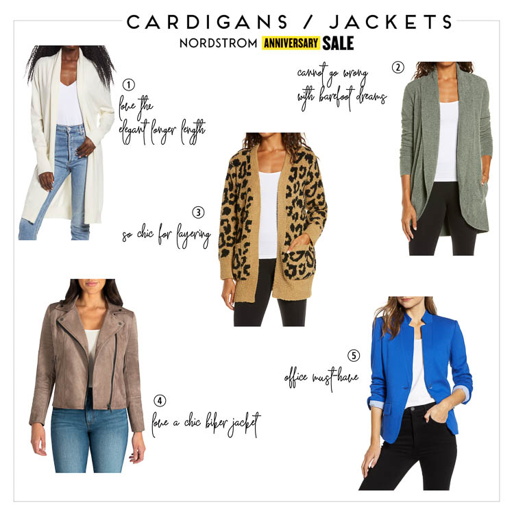 cute & little | dallas petite fashion blog | nordstrom anniversary sale 2020 cardigans jackets blazers | Nordstrom Anniversary Sale by popular Dallas life and style blog, Cute and Little: collage image of Nordstrom longline cardigan, Nordstrom barefoot dreams cardigan, Nordstrom leopard cardigan, Nordstrom suede moto jacket, and Nordstrom notch blazer.