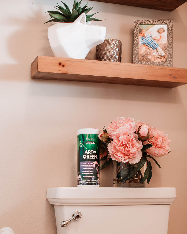 cute & little | dallas lifestyle mom blog | art of green eco-friendly cleaner review | 3 Easy Tips To Keep Your House Clean When You Have Kids | House Cleaning by popular Dallas lifestyle blog, Cute and Little: image of Art of Green wipes on a toilet tank. 