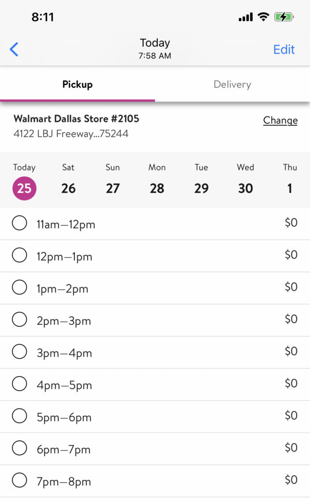 cute & little | dallas mom lifestyle blog | walmart online delivery grocery pickup review |  Walmart Grocery Pickup Faq by popular Dallas lifestyle blog, Cute and Little: screenshot of Walmart pickup times page. 
