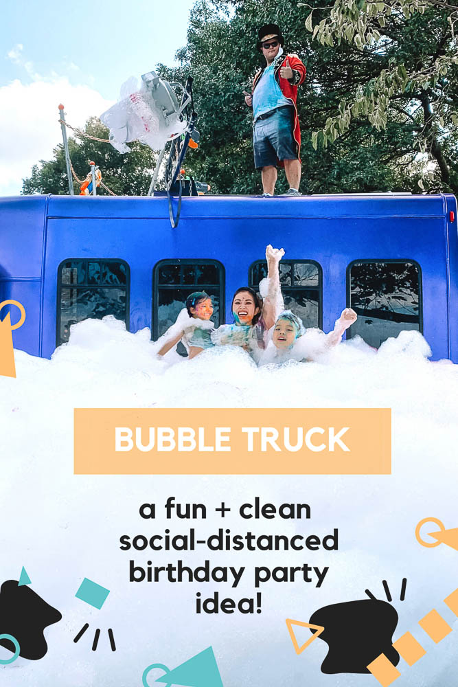cute & little | dallas lifestyle blog | best social distancing birthday party ideas | bubble truck review | coupon discount promo code | Bubble Truck by popular Dallas lifestyle blog, Cute and Little: image of a mom and her two kids playing in foamy bubbles created by the Bubble Truck.