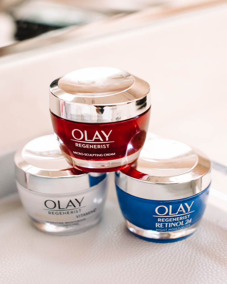 cute & little | dallas beauty skincare blog | anti-aging skincare routine for 30s | olay top drugstore skincare | olay retinol 24 vs micro-sculpting cream vs brightening + vitamin c hydrating moisturizer cream comparison |  Olay Skin Care by popular Dallas lifestyle blog, Cute and Little: image of Olay Regenerist Micro-Sculpting Cream Face Moisturizer, Olay Regenerist Brightening Vitamin C Facial Moisturizer, and Olay Regenerist Retinol 24 Night Facial Moisturizer.  