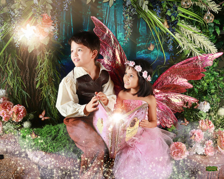 cute & little | dallas mom blog | enchanted fairies storybook studio photography review | Enchanted Fairies by popular Dallas lifestyle blog, Cute and Little: image of a boy dressed up in medieval clothing and a girl dressed up as a fairy and sitting together while they hold a picture book.  