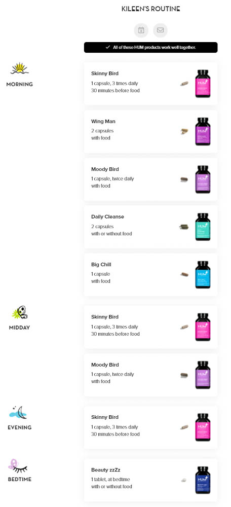cute & little | dallas mom beauty wellness blog | hum nutrition review | daily cleanse, big chill, skinny bird, moody bird supplements | Supplement Review by popular Dallas lifestyle blog, Cute and Little: screen shot image of Hum Nutrition daily routine. 