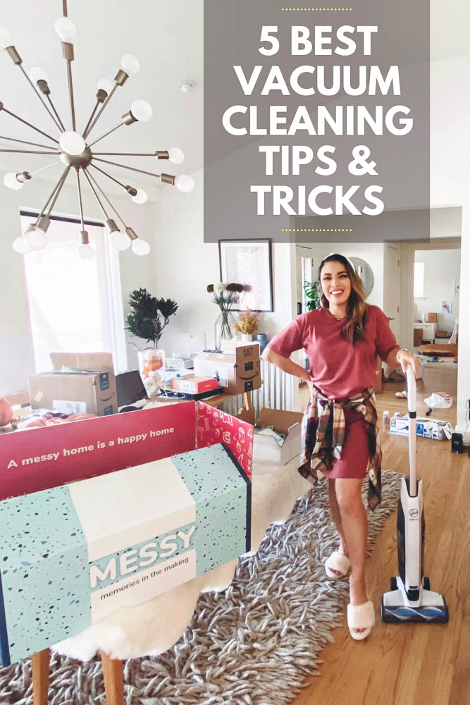 cute & little | dallas mom blog | vacuum cleaning hacks tips tricks | hoover onepwr evolve pet cordless vacuum review |Hoover Onepwr by popular Dallas lifestyle blog, Cute and Little: Pinterest image of a woman with a Hoover Onepwr evolve pet cordless vacuum.