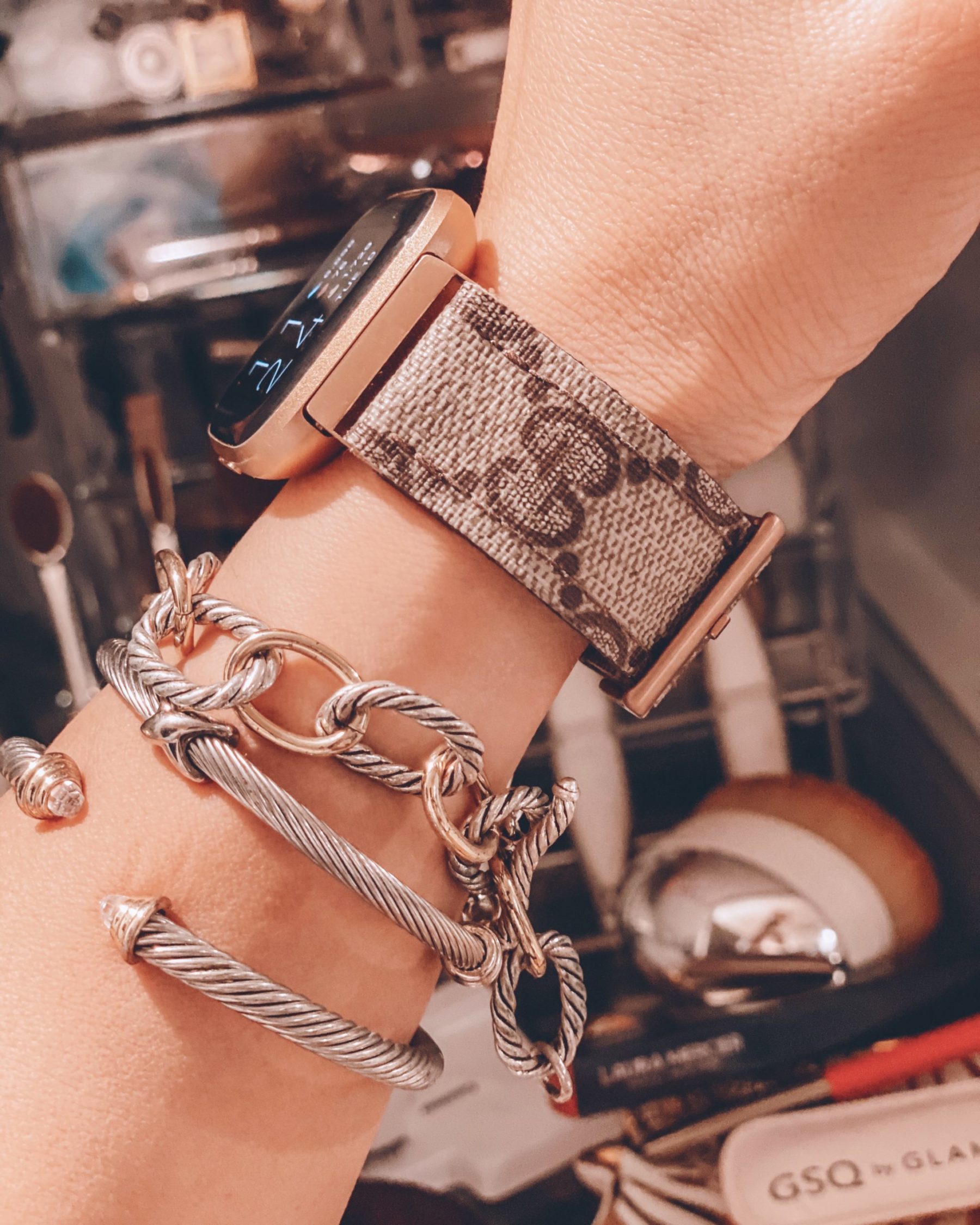 cute & little | dallas petite fashion blog | 2020 black firday cyber monday sales | sparkl bands gucci watch strap |Cyber Monday Sales by popular Dallas petite fashion blog, Cute and Little: image of a woman wearing a Gucci watch band, cable bracelet, x cuff, and gem cuff. 