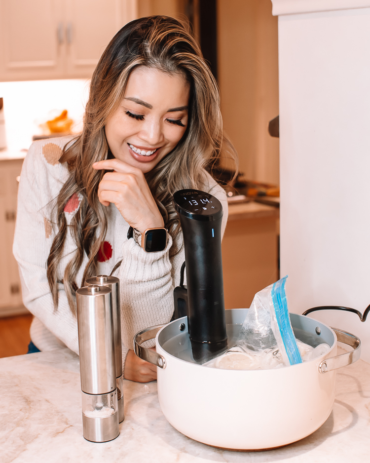 cute & little | dallas fashion lifestyle blog | anova nano sous vide review cooking lemon garlic halibut recipe |What is Sous Vide by popular Dallas lifestyle blog, Cute and Little: image of a woman using Anova precision cookware. 