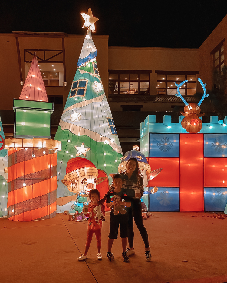 cute & little | dallas family mom blog | gaylord texas lone star christmas yuletide bright review |Gaylord Texan by popular Dallas lifestyle blog, Cute and Little: image of a mom and her two kids standing in front of a Christmas light display. 