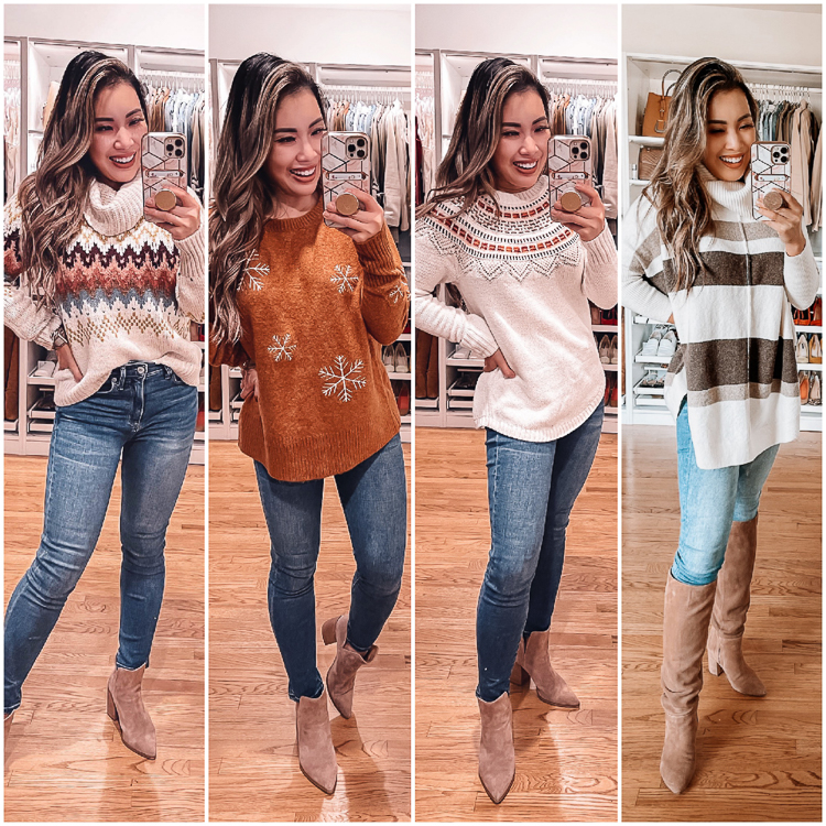 cute & little | dallas petite fashion blog | 2020 black firday cyber monday sales | loft november try-on |Cyber Monday Sales by popular Dallas petite fashion blog, Cute and Little: collage image of woman wearing a Loft Fair Isle sweater, Loft snowflake sweater, Loft Fair Isle shimmer sweater, and Loft poncho. 