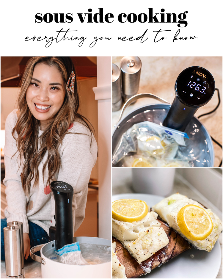 cute & little | dallas fashion lifestyle blog | anova nano sous vide review cooking lemon garlic halibut recipe | What is Sous Vide by popular Dallas lifestyle blog, Cute and Little: Pinterest image of a woman using Anova precision cookware to cook some lemon garlic halibut. 