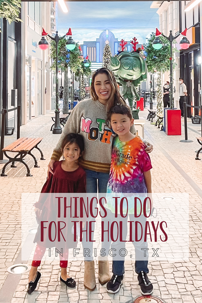 cute & little | dallas mom lifestyle blog | things to do frisco holidays 2020 | Things to do in Frisco TX by popular Dallas travel blog, Cute and Little: Pinterest image of a mom and her two kids standing together in Frisco TX.