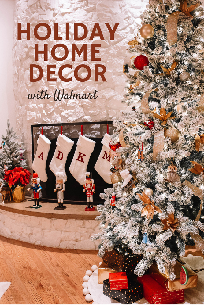 cute & little | dallas mom blog | holiday living room decor walmart | Walmart Holiday Decorations by popular Dallas life and style blog, Cute and Little: Pinterest image of a room decorated with Walmart holiday decorations. 