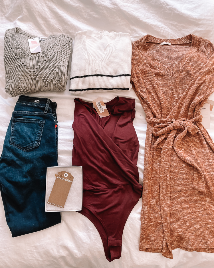 Short Story Box by popular Dallas petite fashion blog, Cute and Little: image of sweaters, a pair of jeans, bodysuit, and a sweater dress. 