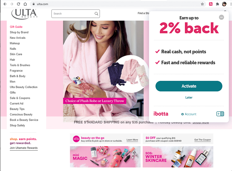 cute & little | dallas petite fashion blog | how to save money on holiday shopping | ibota browser extension review |Saving Money on Christmas Shopping by popular Dallas lifestyle blog, Cute and Little: screen shot image of the Ulta webpage. 