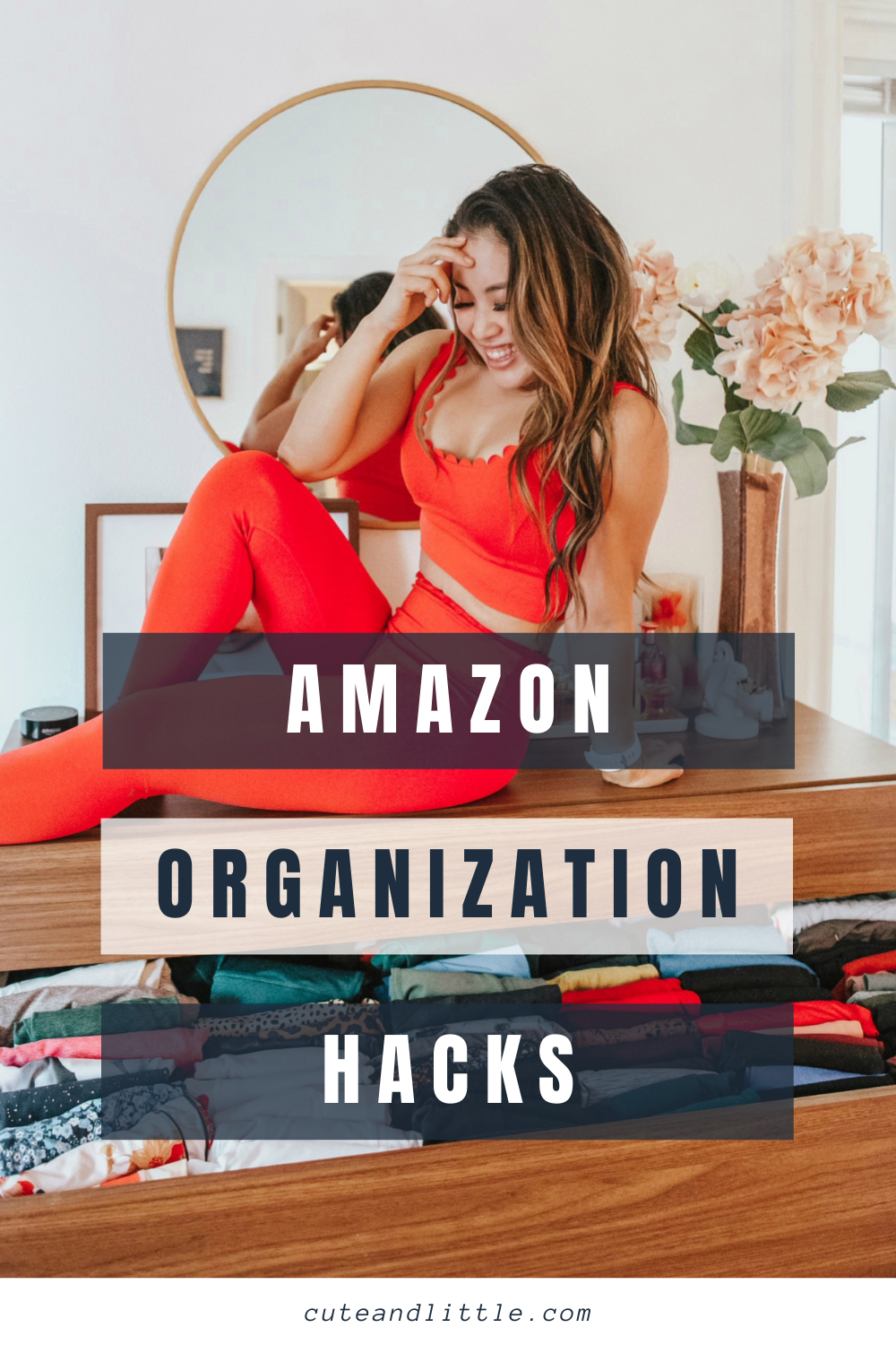 cute & little | dallas petite fashion blog | walmart beauty self care products must-have |Amazon Organization Essentials by popular Dallas lifestyle Cute and Little: Pinterest image of a woman wearing a red sports bra and red leggings and sitting on her dresser. 