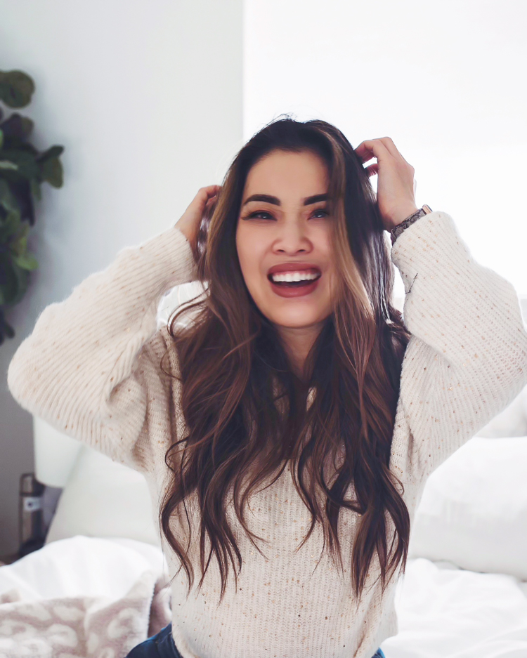 cute & little | dallas petite fashion blog | pantene waterless collection review | how to have a good hair day tips | Good Hair Day by popular Dallas beauty blog, Cute and Little: image of a woman wearing a cream rib knit sweater and running her fingers through her hair. 
