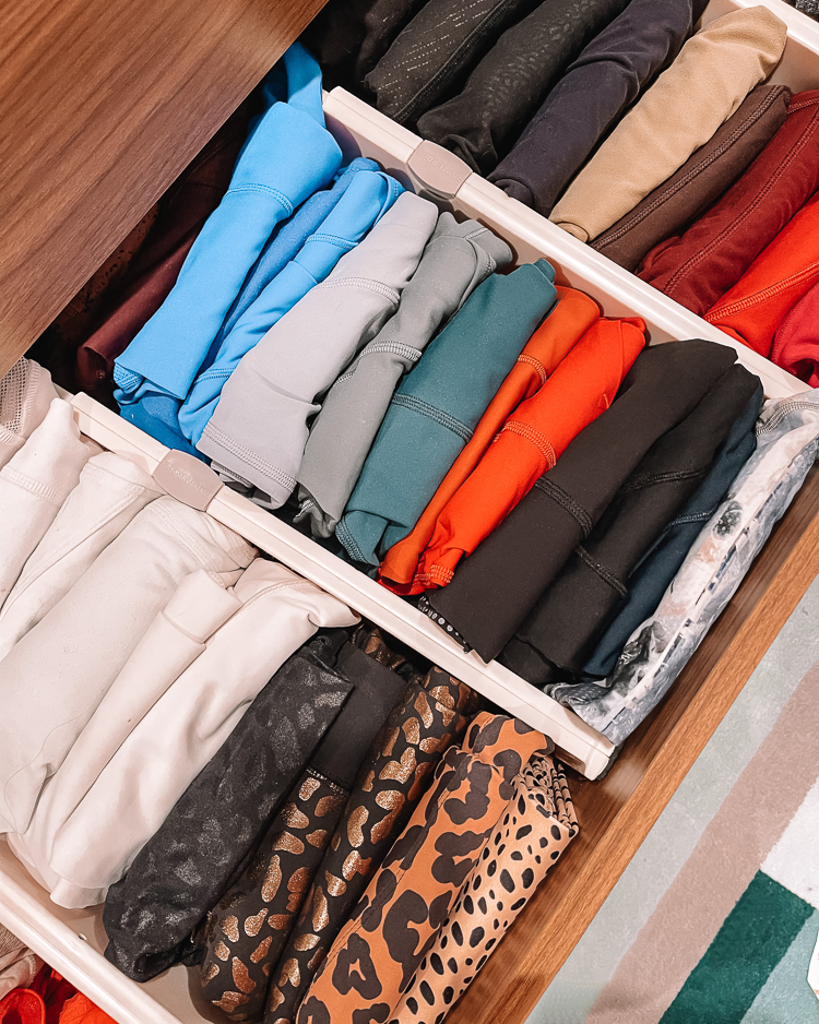 cute & little | dallas petite fashion blog | amazon closet organization essentials | dresser marie kondo organization | Amazon Organization Essentials by popular Dallas lifestyle Cute and Little: image of leggings organized in drawer with Amazon drawer dividers. 