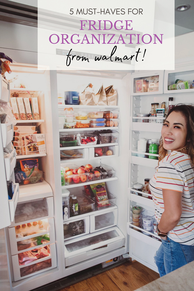 cute & little | dallas mom lifestyle blog | fridge organization tips and must-haves from walmart |Walmart Fridge Organization by popular Dallas lifestyle blog, Cute and Little: Pinterest image of a woman standing in front of her open fridge. 