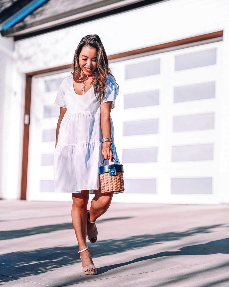 cute & little | dallas petite fashion blog | target 2021 spring dresses try-on review |Target Spring Dresses by popular Dallas petite fashion blog, Cute and Little: image of a woman wearing a Target A New Day Tiered dress. 