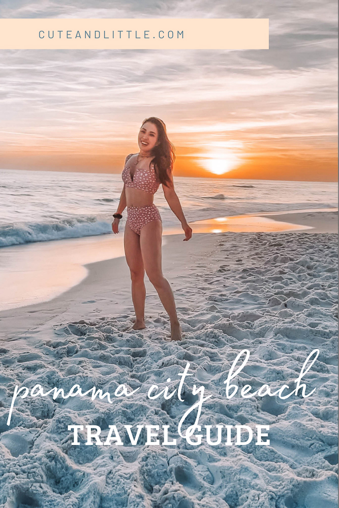 cute & little | dallas mom family travel blog | panama city beach 30a destin florida travel guide kids | Panama City Beach by popular Dallas travel blog, Cute and Little: Pinterest image of a woman wearing a polka dot bikini and standing on a white sand beach. 