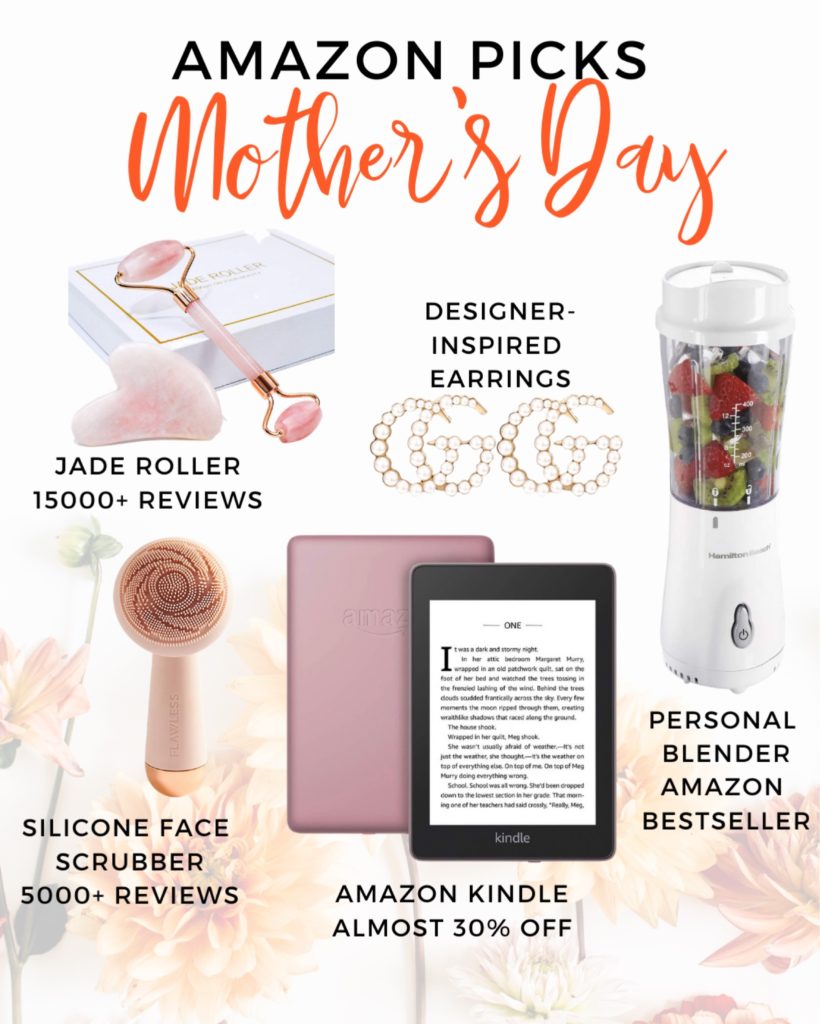 cute & little | dallas mom blog | mothers day gift guide | amazon prime under $100 |Mother's Day Gifts by popular Dallas life and style blog, Cute and Little: collage image of a jade roller, designer inspired earrings, personal blender, Amazon kindle, and Silicone face scrubber. 