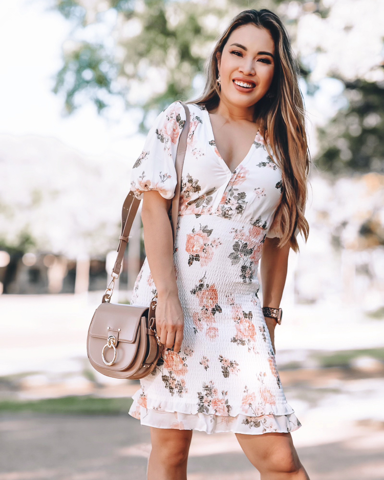 cute & little | dallas petite fashion blog | abercrombie smocked floral dress | spring summer wedding guest date night outfit