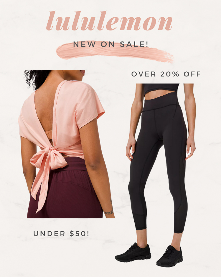 cute & little | dallas mom petite fashion blog | memorial day weekend 2021 sales | lululemon sale | Memorial Day Sales by popular Dallas lifestyle blog, Cute and Little: collage image of a Lululemon tie back top and black Lululemon leggings. 