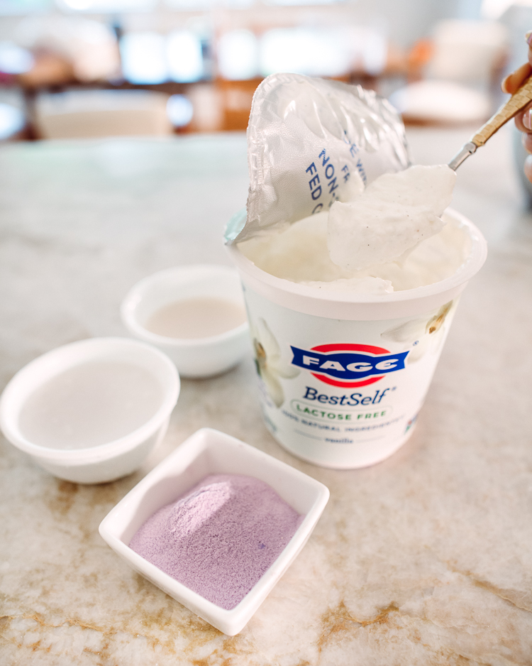 cute & little | dallas family lifestyle blogger | lactose-free taro smoothie recipe | fage bestself yogurt review | Taro Smoothie Recipe by popular Dallas lifestyle blog, Cute and Little: image of Fage BestSelf lactose free yogurt, taro powder and two white mixing bowls. 