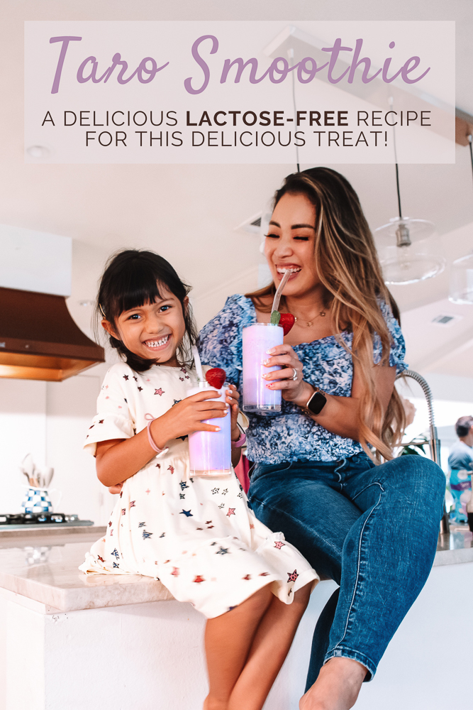 cute & little | dallas family lifestyle blogger | lactose-free taro smoothie recipe | fage bestself yogurt review | Taro Smoothie Recipe by popular Dallas lifestyle blog, Cute and Little: Pinterest image of a mom and her daughter sitting on their kitchen counter and drinking Taro smoothies. 