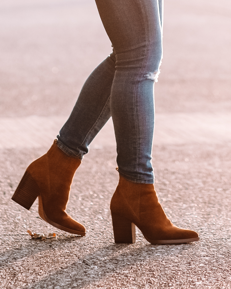 cute & little | dallas petite fashion blogger | Nordstrom Anniversary Sale shoes | Nordstrom Anniversary Sale by popular Dallas petite fashion blog, Cute and Little: image of a woman standing in a street and wearing a Nordstrom distressed jeans and brown suede ankle boots. 