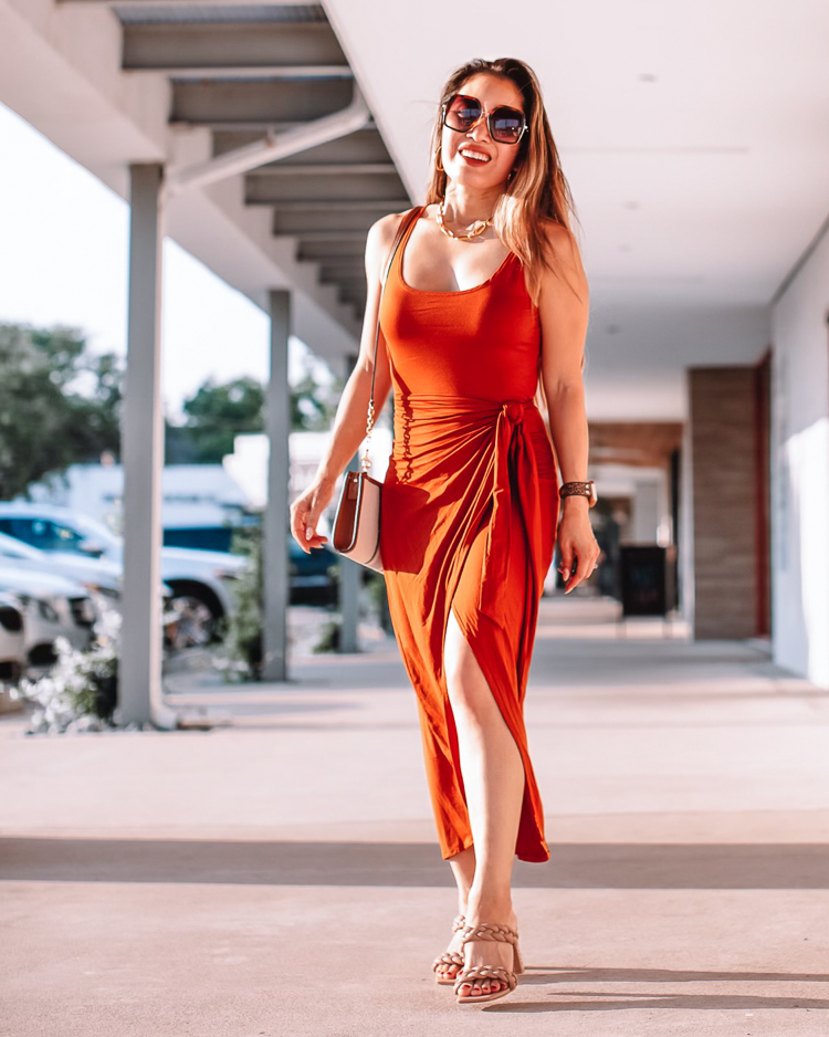 cute & little | dallas petite fashion blogger | Amazon summer 2021 wrap dress must-have | Amazon Dress by popular Dallas petite fashion blog, Cute and Little: image of a woman wearing a Amazon dress, braided strap block heel sandals, oversized sunglasses, and a Tory Burch Carson bag. 