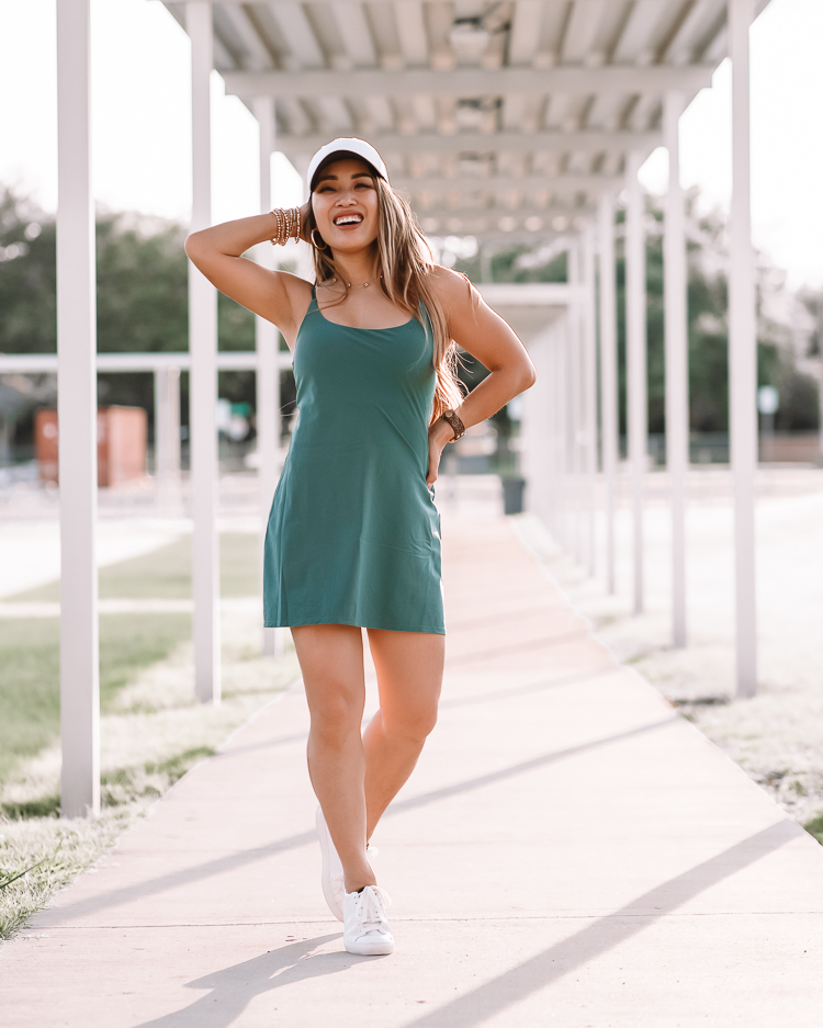 cute & little | dallas petite fashion blog | abercrombie travelers mini exercise dress review, lululemon fast free white run hat | athleisure summer outfit